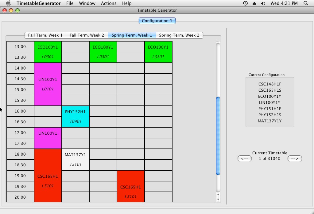 Screenshot of timetable viewer on Mac