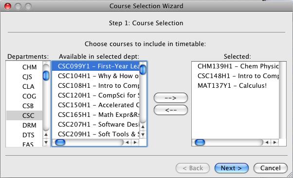 Screenshots of course selection wizard on Mac